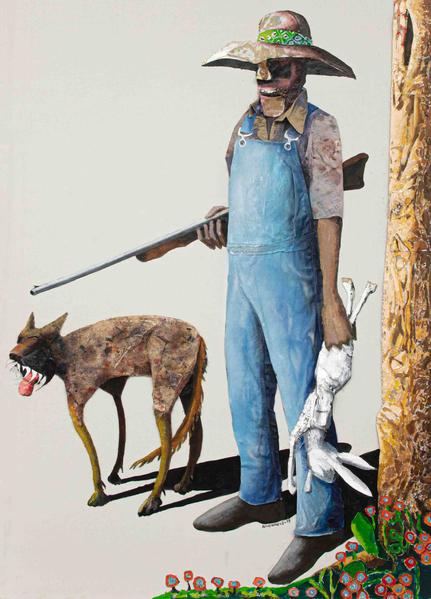 Hunters, 1989 oil on canvas with painted fabric co...