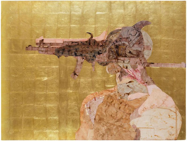 Gun Figure, 1975 collage of dyed paper, gold leaf,...