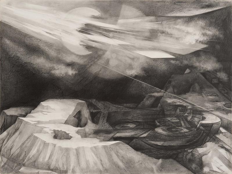 Weather Balloons Over Crater, c.1977 graphite on p...